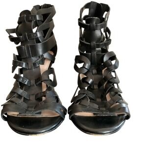 Jeanne Beker Black Cage Gladiator Stiletto Heels Strappy Zip Back Sandals
